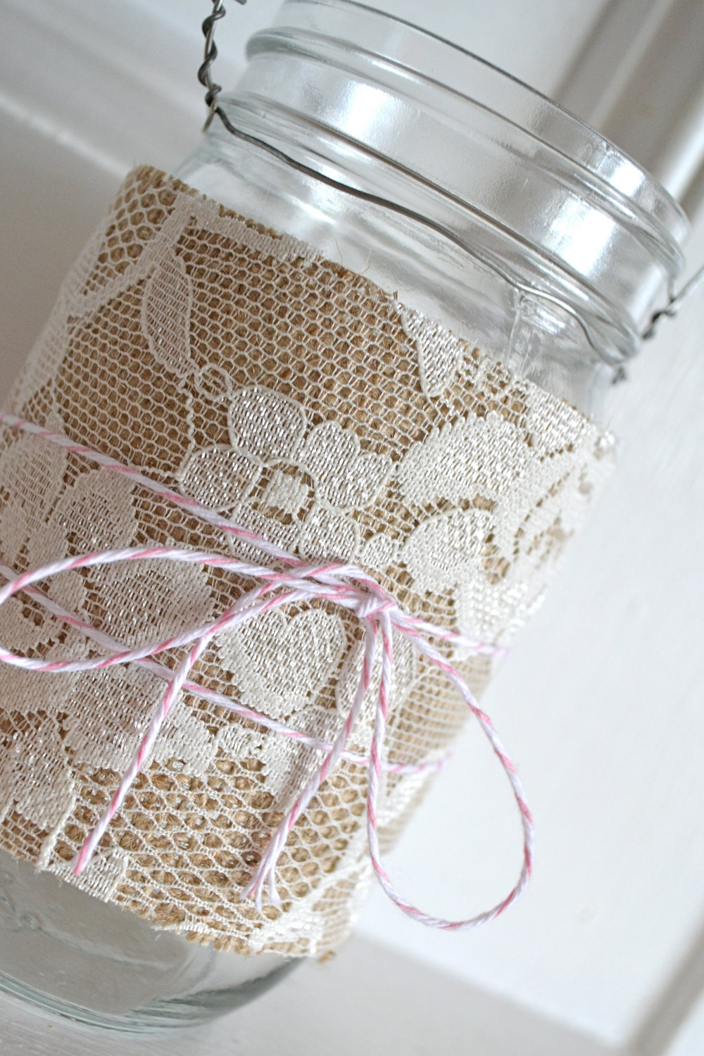 mason jars wrapped with lace burlap burlap and lace hanging lanterns ...