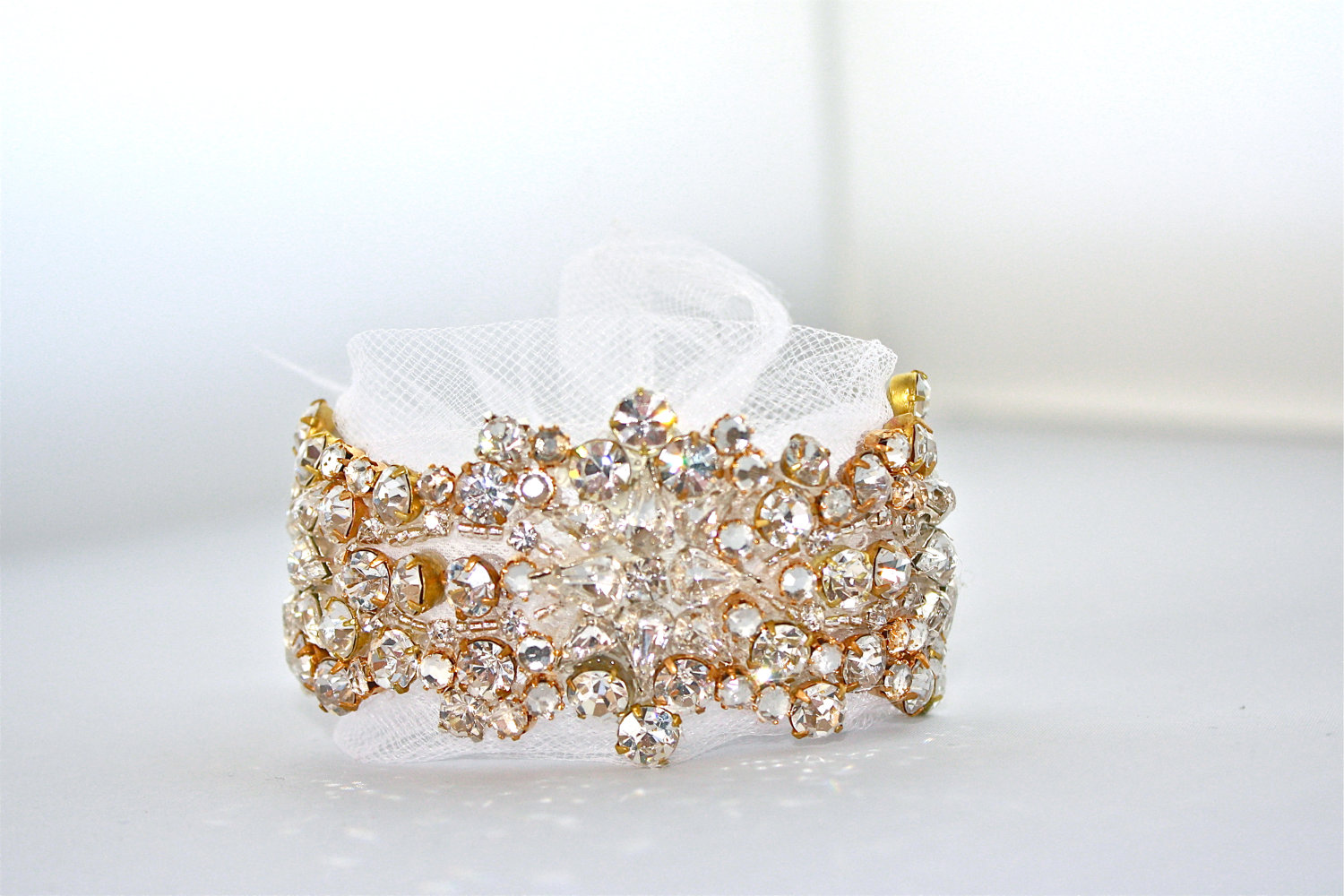 elegant wedding jewelry custom bridal bling accessories gold crystal cuff with tulle tie