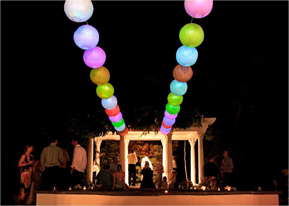 Romantic Night Outside At Wedding Ceremony Venue Colored Lanterns Light Up The Sky