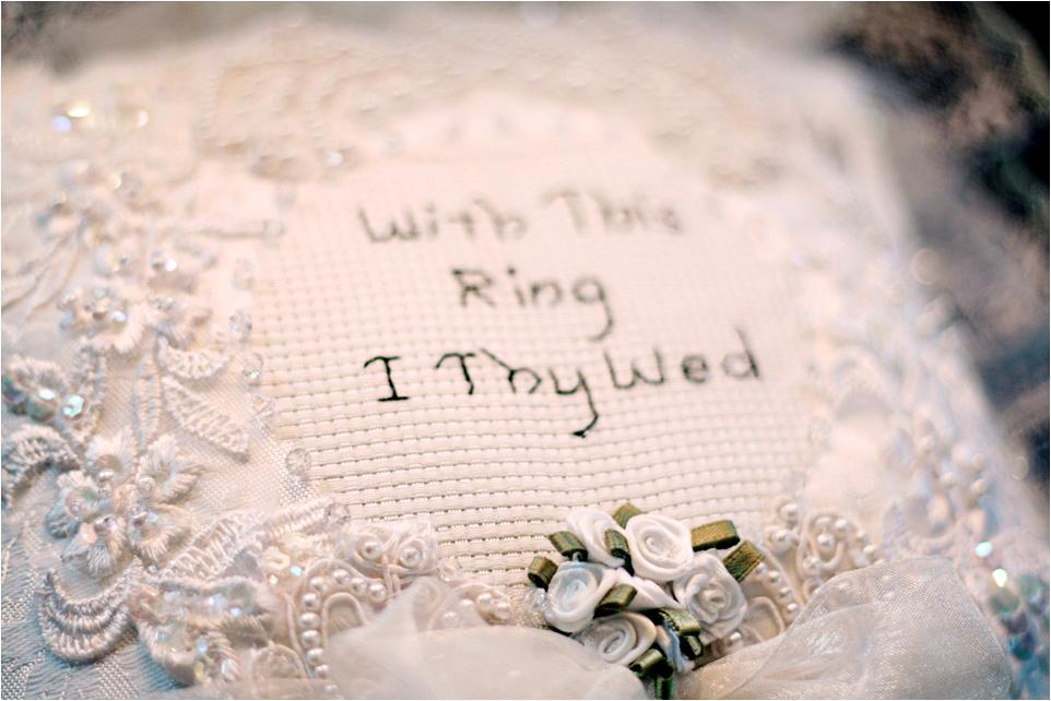White Handmade Ring Bearer Pillow That Reads With This Ring I Thy Wed