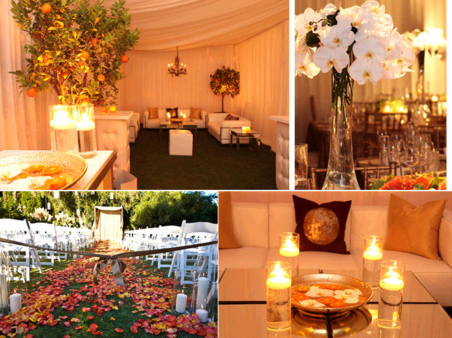 orange and coral rose petals scattered down the wedding aisle