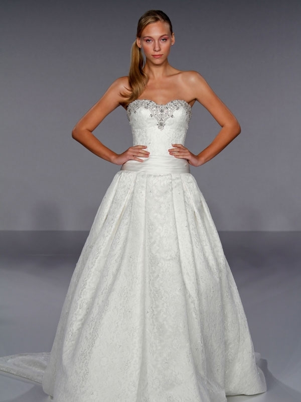 Dramatic white lace strapless ball gown wedding dress with jeweled neckline