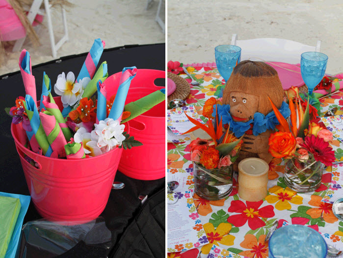 Vibrant Pink Pail Holds Guest Silver Wear Adorned With Tropical
