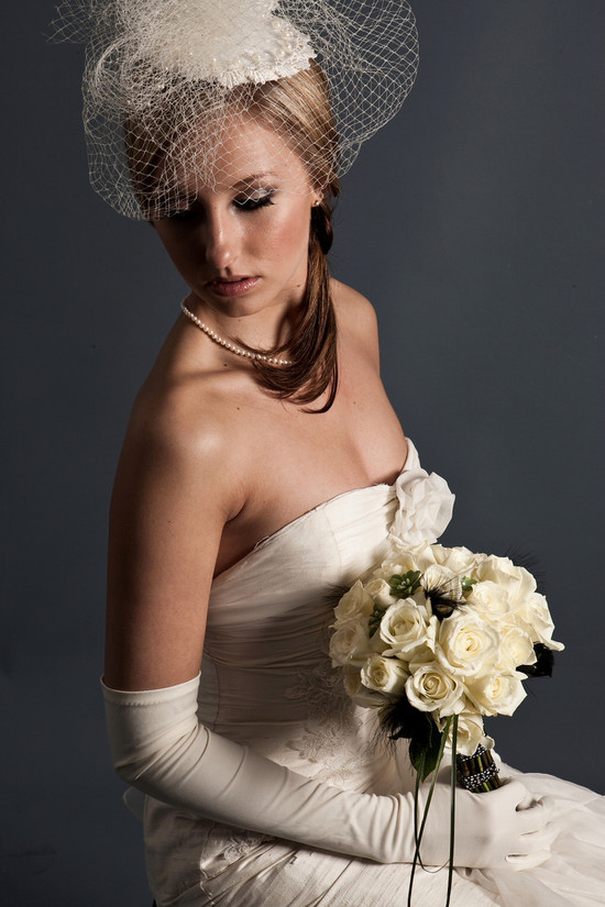 Vintage classic bridal look birdcage veil, strapless ivory wedding
