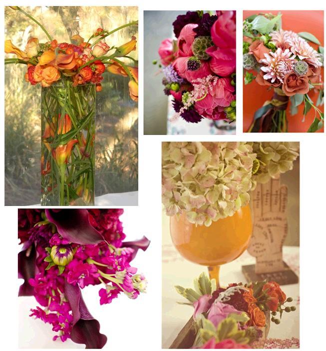 Vibrant floral arrangements in bright pink, orange, coral, plum and fuchsia