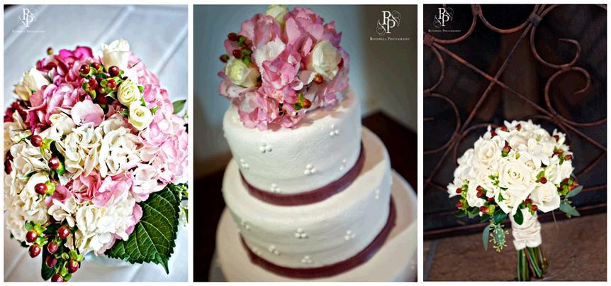 Pink Ivory Green Bridesmaid Bouquets White Wedding Cake With Maroon Ribbon And Flower Pink Ivory Green Bridesmaid Bouquets White Wedding Cake With Maroon Ribbon And Flower