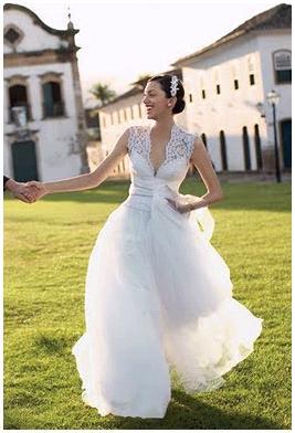 Gorgeous Deep V Neck Wedding Dress Full Tulle Skirt Lace Sleeves