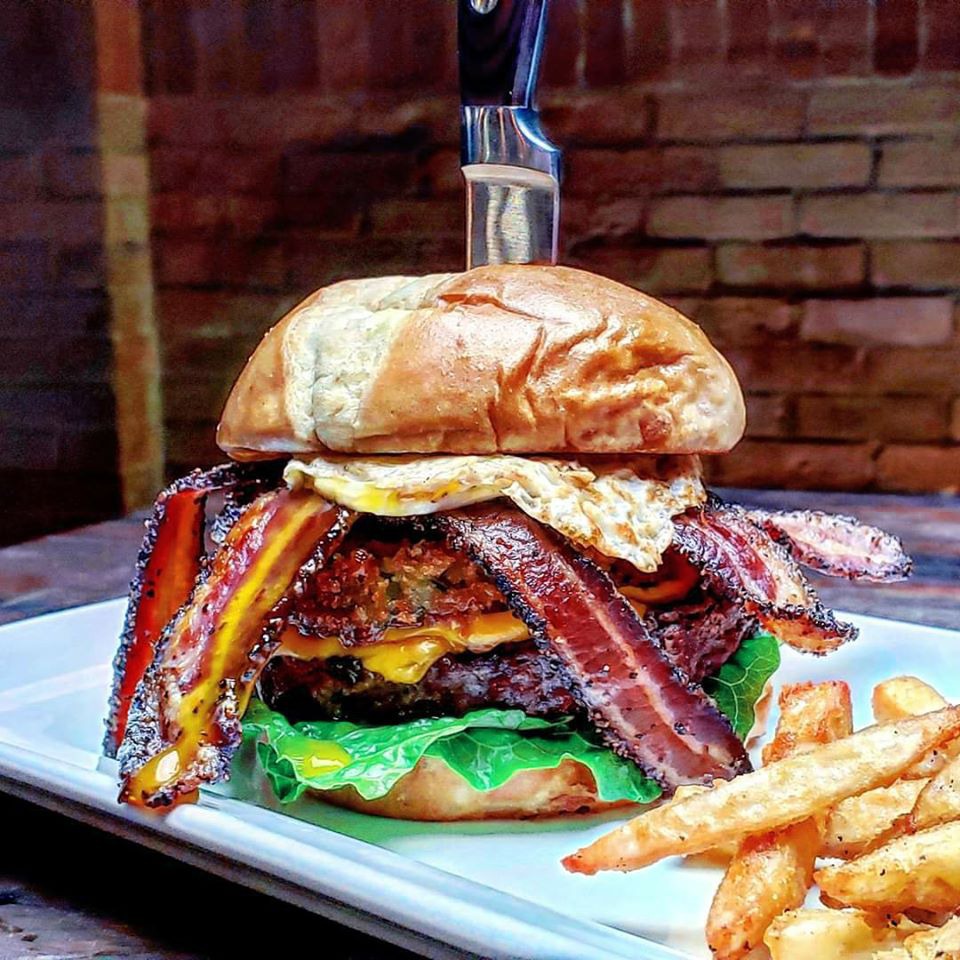 Flame Broiled Burger, Fried Green Tomato, Fried Egg, Peppere