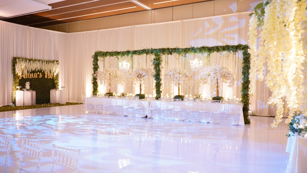 enchanted garden event decor white dance floor cover pattern ...