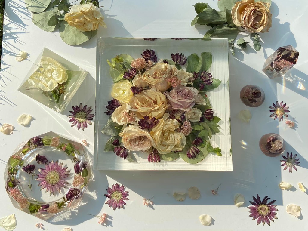 Wedding bouquet flowers preserved in resin keepsakes