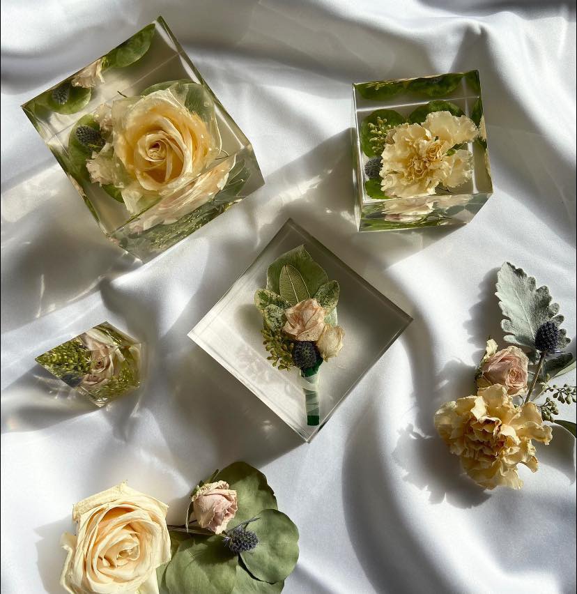 Wedding bouquet flowers preserved in resin keepsakes
