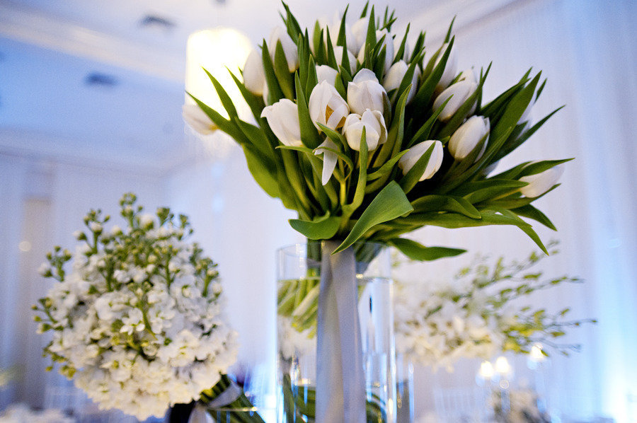 white wedding flowers reception lighting cool modern blue