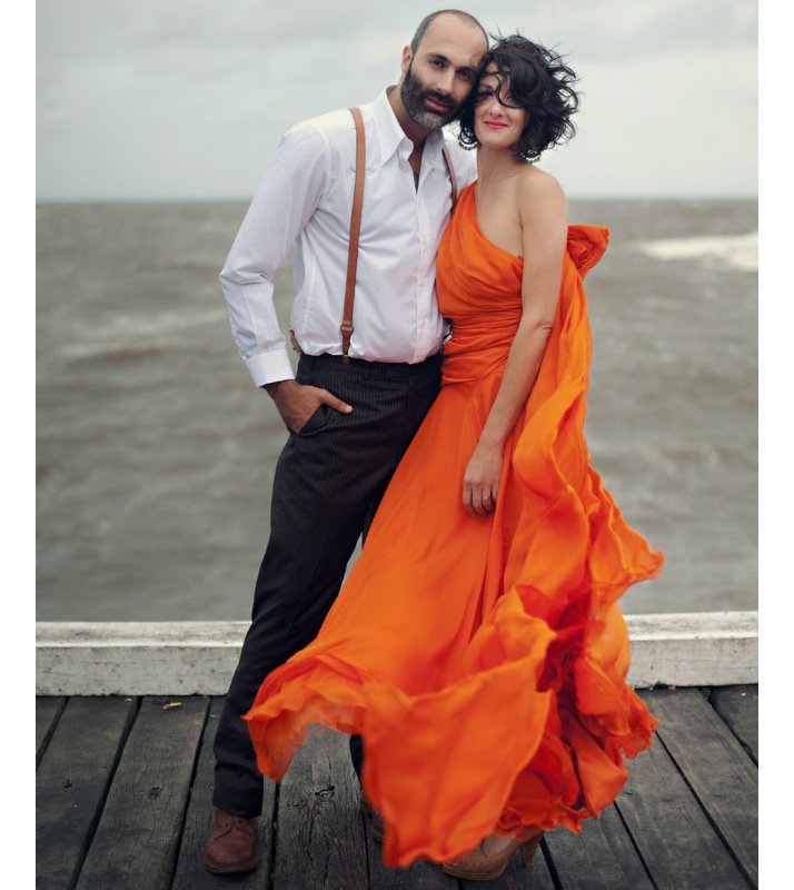 orange and white one shoulder dress