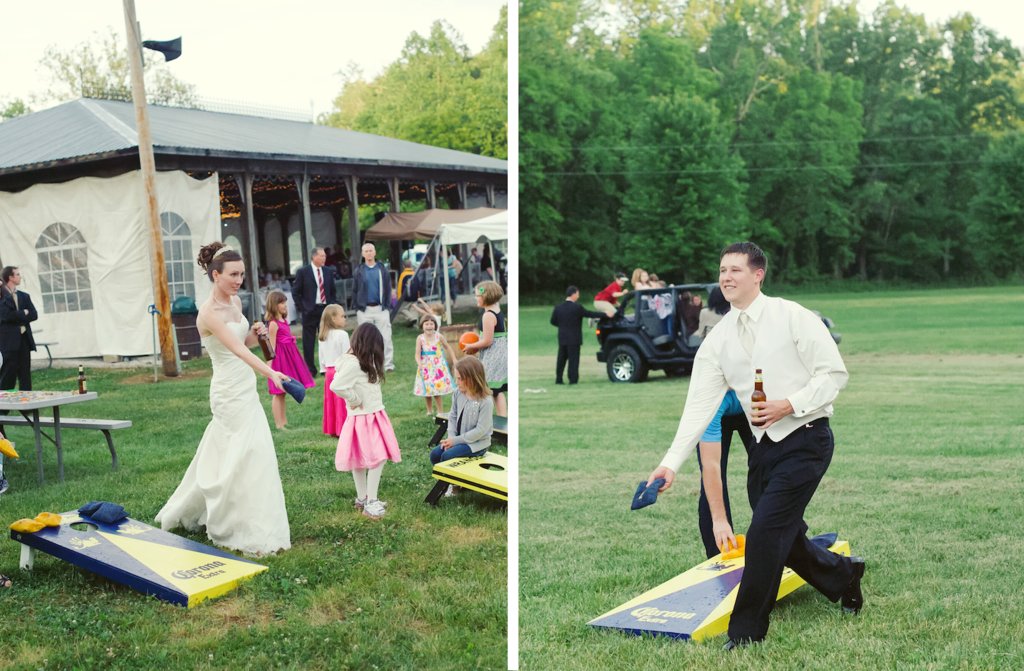 elegant rustic wedding bride groom play lawn games