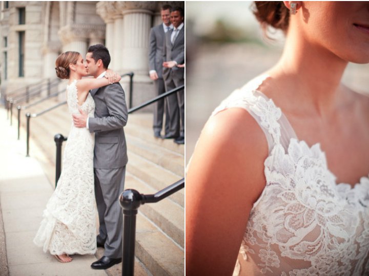 one shoulder lace wedding dress bride and groom