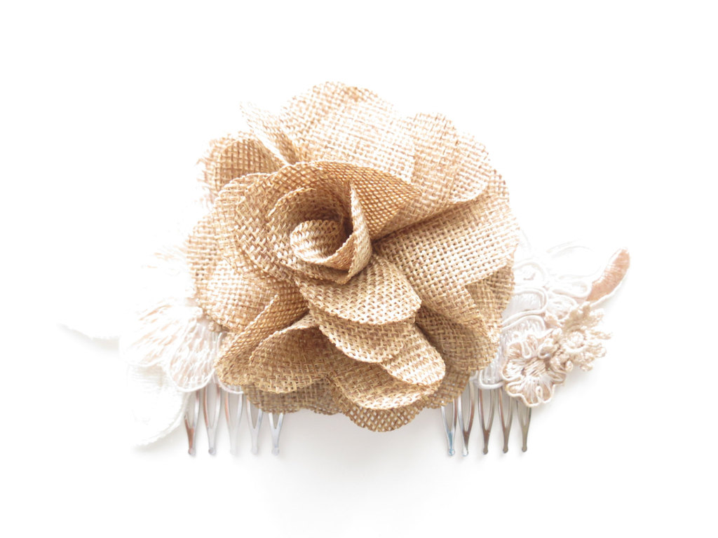 burlap lace wedding hair accessory for bride or bridesmaids
