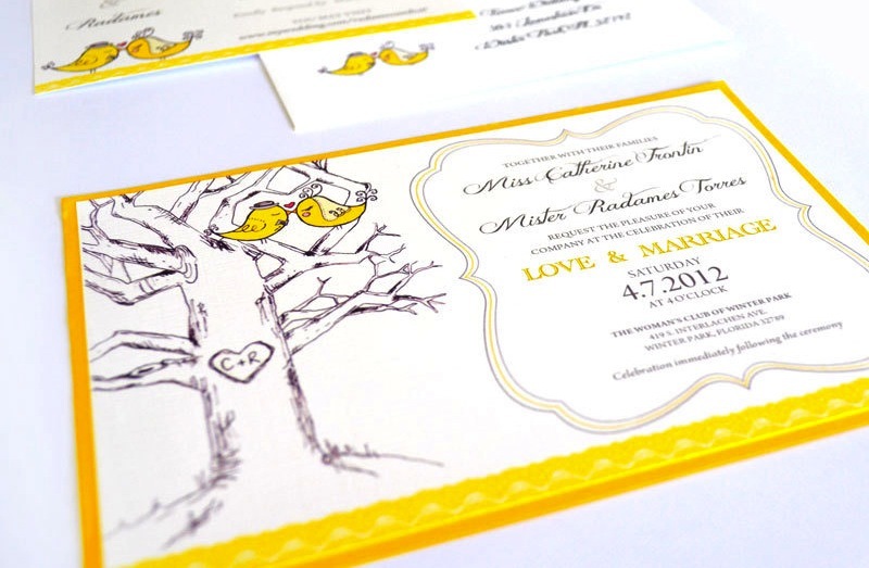 budget wedding ideas DIY invitations Etsy weddings yellow cream love birds