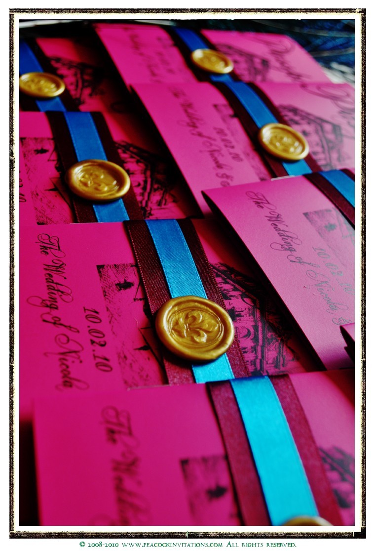fuchsia gold wedding inspiration handmade invitations gold wax seal