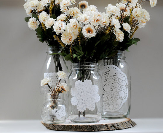 things brides love Mason Jar wedding reception decor centerpieces doily adorned