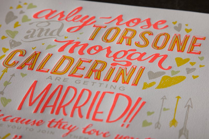 ladyfingers letterpress wedding invitations stationery citrus neon with